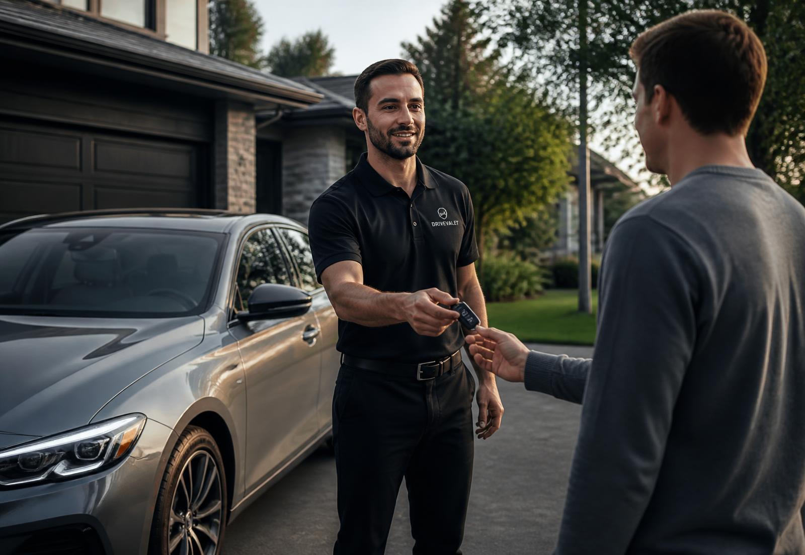 KeyDrop Ontario driver receiving car keys from a customer in a driveway