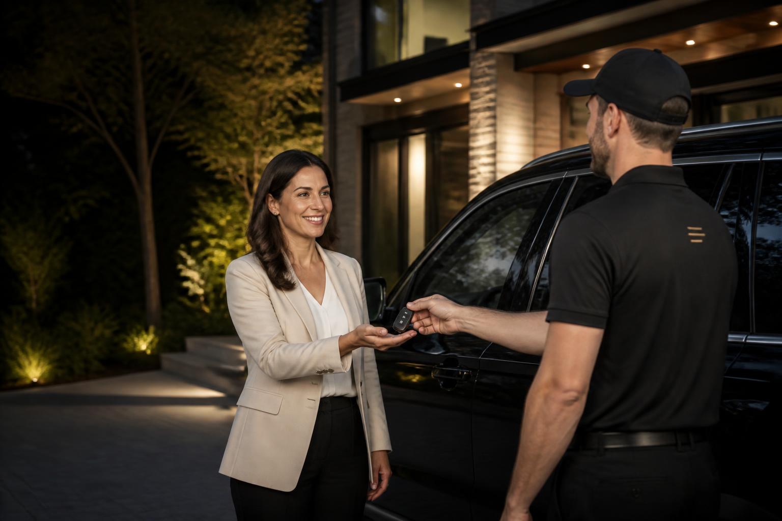 A KeyDrop Ontario driver collecting a black SUV from a customer at a modern home in the evening